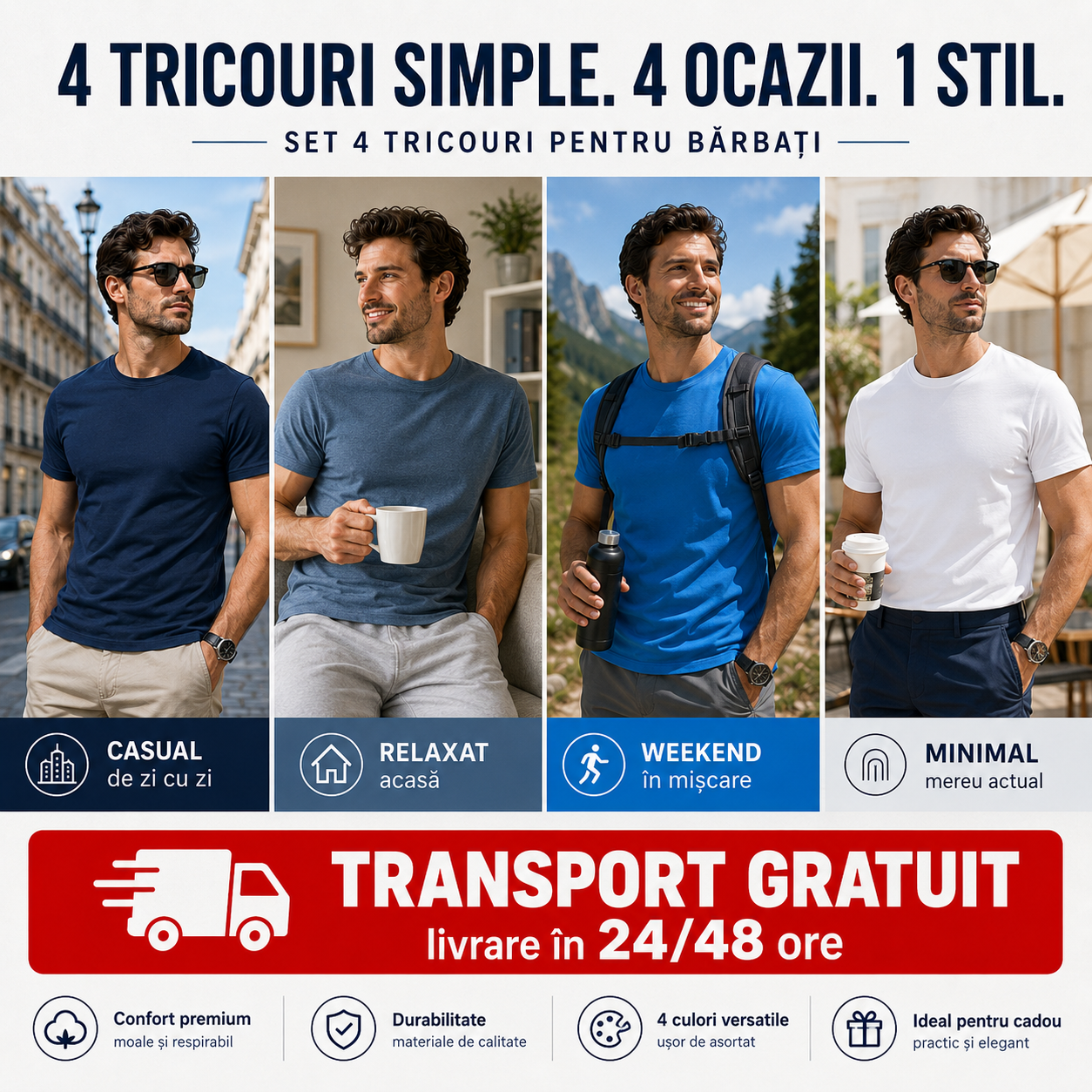 Tricouri bărbați denim albastru azuriu albastru marin și alb din bumbac 100% pentru ținute casual